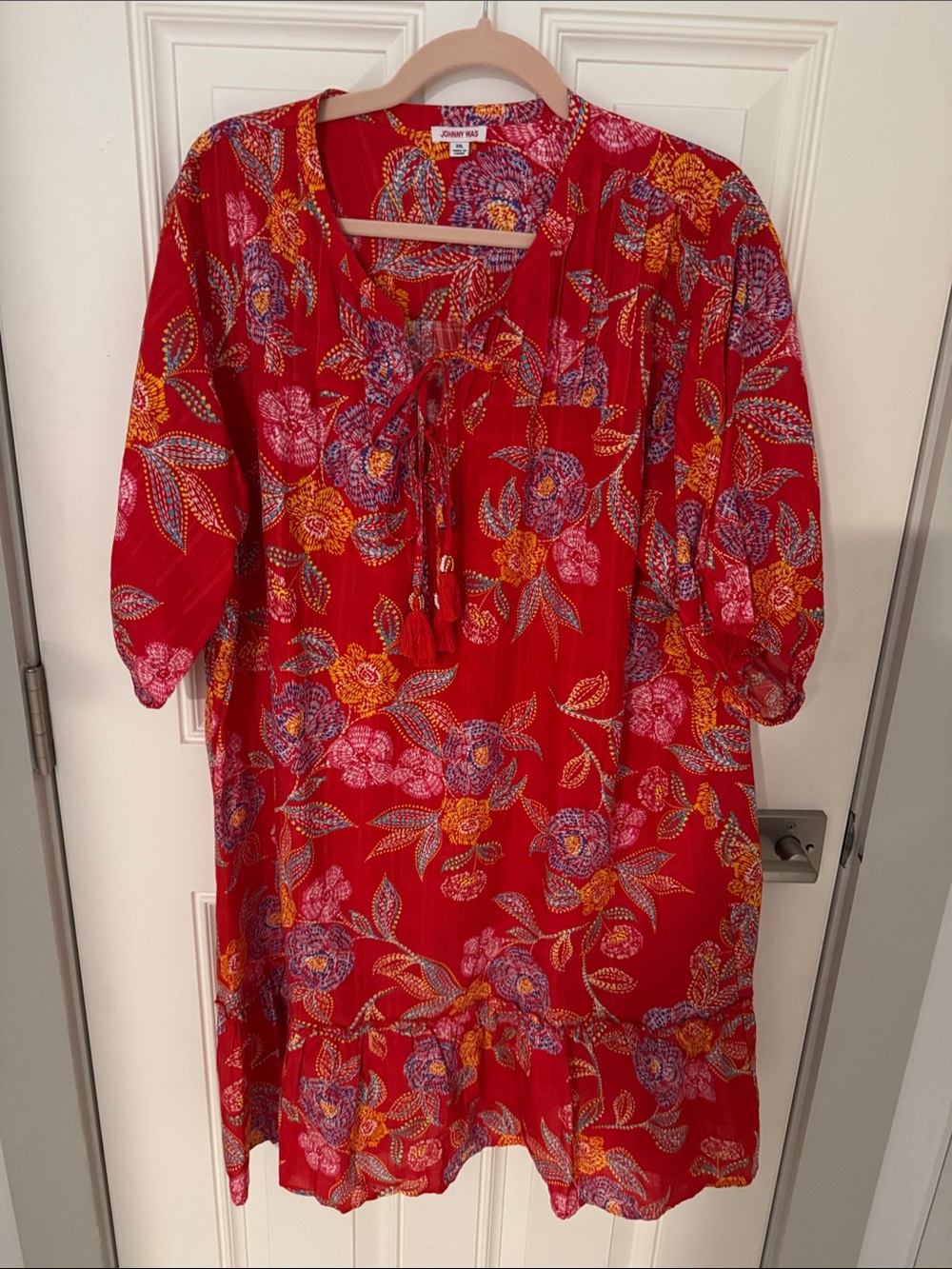 Johnny Was Red Floral Tie-Front Midi Dress